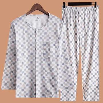 對襟開衫家居服套裝男士純棉中老年人爸爸大碼長袖長褲棉毛空調衫