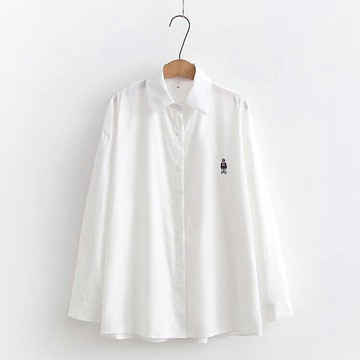 學院風卡通刺繡長袖白色POLO領襯衫女春裝百搭休閑上衣內搭打底衫