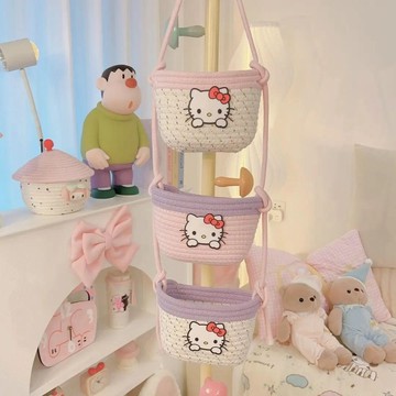 Kitty掛藍🎀 粉色Hello Kitty凱蒂貓多色棉繩收納三層掛籃壁掛式編織甜美掛袋 壁掛收納 收納掛籃 浴室置物籃