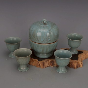 宋 汝窯青釉清涼寺暗刻蓮花帶蓋執壺套組 仿古瓷器舊貨支釘收藏