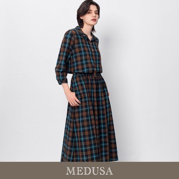 現貨【MEDUSA 曼度莎】藍綠格紋假兩件式休閒長洋裝（M-XL）｜休閒洋裝 格紋洋裝