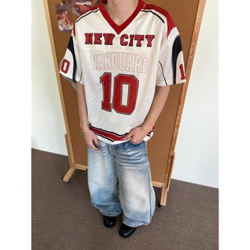 美式復古10號印花V領撞色短袖T恤男女夏季新款嘻哈街頭運動球衣潮