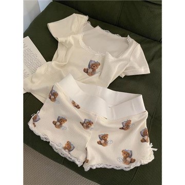 Sin Glee 小個子可愛兔子印花短袖睡衣女春季新款蕾絲花邊家居服