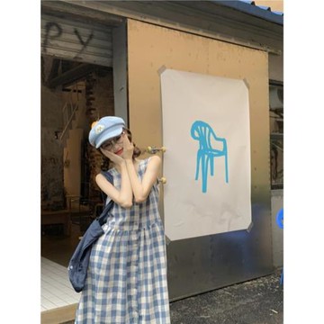 mm微胖妹妹寬松藍白色連衣裙背心