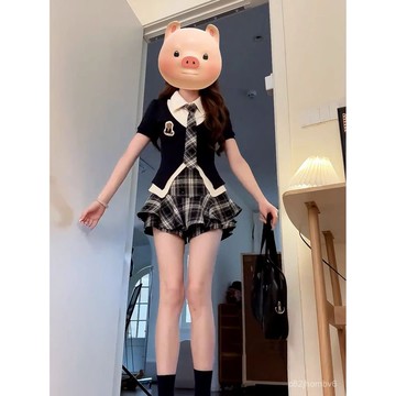 漂亮a字高腰女獨特上衣格紋jk假兩件半身裙學院風女裝 兩件套褲裙襯衫 夏天套裝 日系夏裝 韓國女裝 設計感女裝 顯瘦套裝
