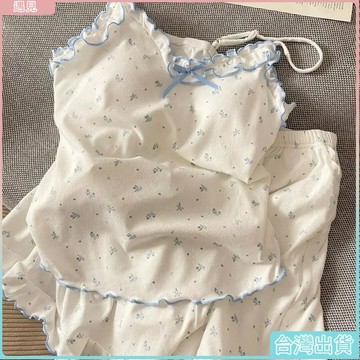✨台灣出貨✨碎花坑條睡衣女 背心居家服 韓係少女白色軟萌甜美碎花吊帶背心睡衣 夏季新款帶胸墊套裝性感吊帶背心 居家服女