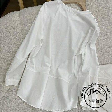 簡約拼接襯衫秋季韓版圓領寬鬆長袖打底衫上衣【木屋雜貨】