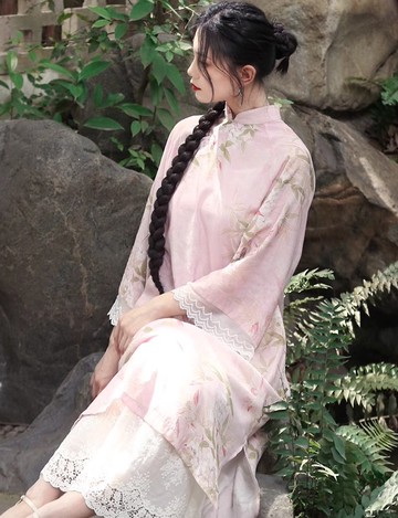 陌上花 新中式復古旗袍 蕾絲花邊連身裙