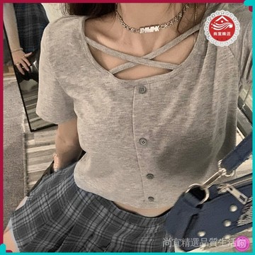 新款上市 桃園出貨🌸 【1577人好評】純慾辣妹短袖T恤女2024夏季新款ins修身顯瘦設計感小衆短款上衣潮