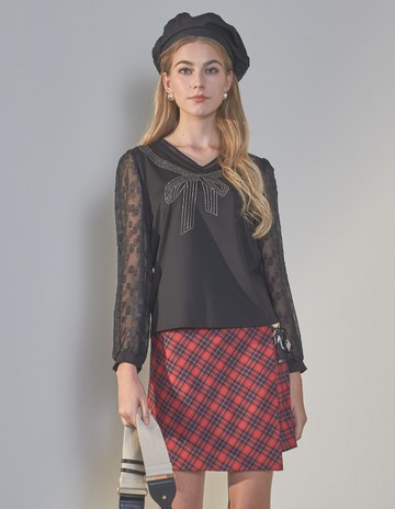 ★【喜芝梅】耀眼結領造型網袖上衣(黑色；M-3L) 222220848