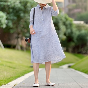 亞麻條紋氣質襯衫式洋裝950992