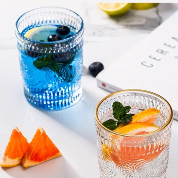 『船鼻子』歐式復古玻璃杯 水杯 果汁杯 浮雕玻璃 金邊裝飾
