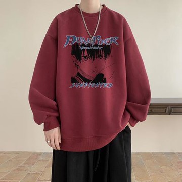 酒紅色圓領衛衣男美式高街重磅套頭上衣青少年卡通春秋長袖打底衫