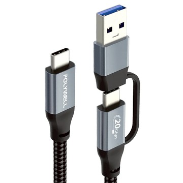 POLYWELL 寶利威爾 USB-C To C+USB 二合一PD編織快充傳輸線 Gen2 100W PW15-W45-M891  1m  黑色 + 銀色  1條