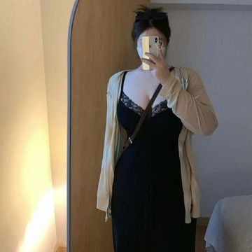 M-4XL 大尺碼純欲風修身蕾絲邊性感吊帶洋裝女辣妹長袖開衫套裝