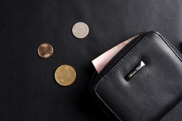 皮革分隔零錢短夾 黑色