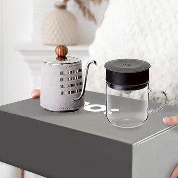 丹麥手沖咖啡二件禮盒組2.0(手沖壺-共2色/玻璃杯240ml-共4色) 手沖壺-灰+玻璃杯-天使藍