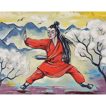功夫女油画 亚洲原创艺术 武术壁画 28 x 36 厘米