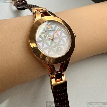 [星晴錶業]ARMANI手錶,34mm,AR00086貝母錶面玫瑰金錶殼咖啡色真皮皮革錶帶款