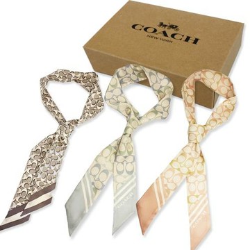 【COACH】經典 LOGO 100%蠶絲領帶長型絲巾領巾髮帶禮盒(均一價)