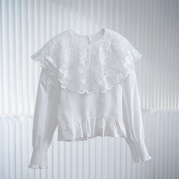 蕾絲披肩領縮褶收腰荷葉邊長袖上衣967217