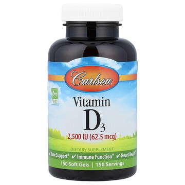 Carlson, 維生素 D3，62.5 微克（2500 國際單位），150 粒軟膠囊