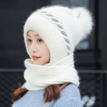 帽子圍巾一體女秋冬圍脖兩用連帽冷帽冬天加絨保暖毛線針織帽風雪