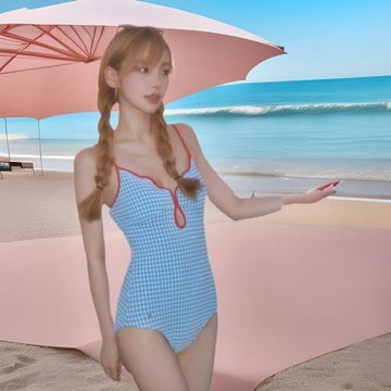 夏季女日系小清新蘿莉純欲學生格子吊帶露背溫泉連體泳衣運動款