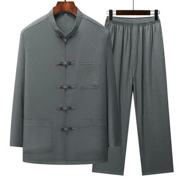 新款春秋中國風真絲唐裝男士套裝桑蠶絲中老年長袖中式爸爸爺爺裝