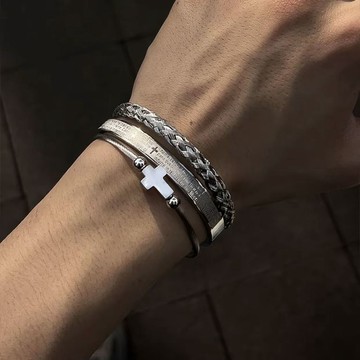 免運🔥鈦鋼手鐲歐美色羅馬數字手鐲男士十字架疊戴手環時尚手鐲三件套手鍊 手繩 简约百搭 手環 手鏈 手镯 首飾 飾品 精
