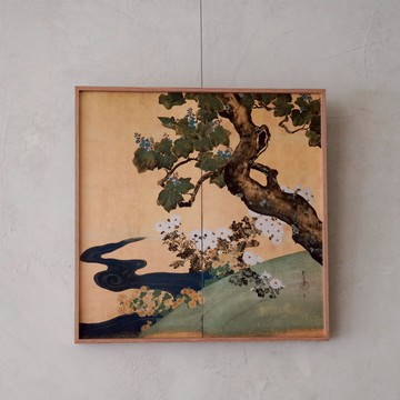 藝術掛畫｜琳派｜酒井抱一 | 桐菊流水圖屏風 - 銀色鋁框-40*40 cm