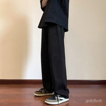 秋冬美式高街褲子 純黑色彈力褲 修身直筒褲 大碼闊腿褲男 微喇 情侶直筒褲 韓版墜感寬鬆長褲 直筒運動褲 長褲男