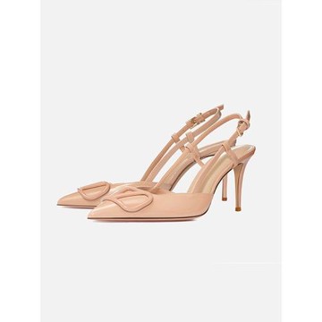 真皮V扣尖頭淺口包頭細高跟鞋裸色法式名媛后空涼鞋2025夏新款