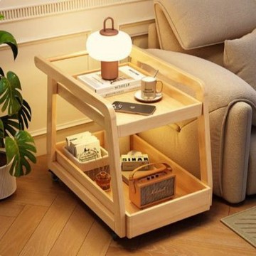 橡膠木沙發邊桌44x60x58cm 多功能置物架 臥室床邊桌 移動小推車 客廳茶几桌 簡約茶水櫃