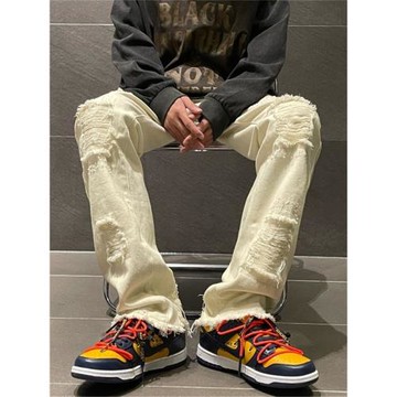 破洞毛邊牛仔褲男款春秋季ins高街修身直筒褲潮牌潮流高腰休閑褲