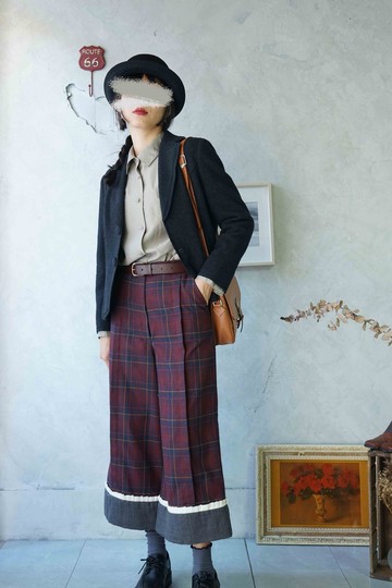 設計手作-酒紅色系格紋X灰拼接壓摺寬管褲