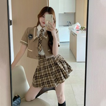 jk套裝夏季2022年新款女學院風甜酷辣妹風泰國校服百褶裙兩件套潮
