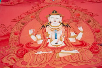 藏傳觀音唐卡畫  手工製作的菩薩藝術品 青金石 水晶手鍊 拉長石