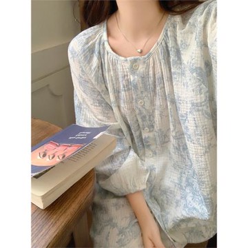 韓國ins國風水墨畫純棉紗布睡衣女春秋季長袖寬松家居服兩件套裝