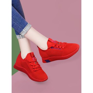 飛織爆款跑步鞋大紅色旅游球鞋本命年小紅鞋軟面平底媽媽運動鞋潮