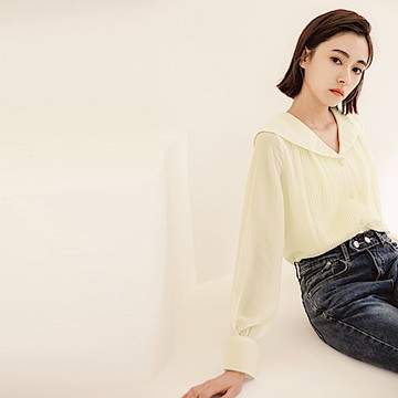 OB嚴選-胸前壓摺造型翻領開襟上衣