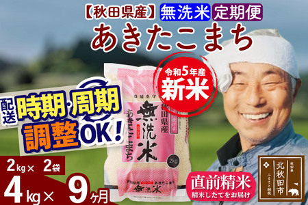 《定期便9ヶ月》＜新米＞秋田県産 あきたこまち 4kg(2kg小分け袋) 令和5年産 配送時期選べる 隔月お届けOK お米 おおもり