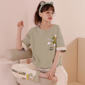 女純棉短袖長褲卡通春秋天睡衣