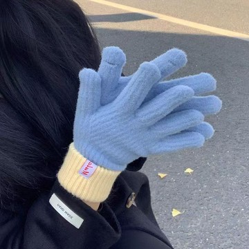 ✨台灣出貨✨針織拚色手套女韓國ins撞色可觸屏手套冬季韓版保暖騎行玩手機露指針織毛線學生手套 防寒 交換禮物 騎車保暖