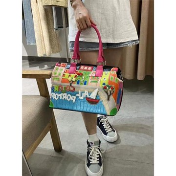 2025新款女包韓版帆船主題刺繡波士頓枕頭包百搭大容量單肩斜挎包