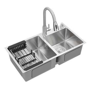 水槽 洗菜盆 洗菜池 大單槽 免運速發 開立發票 不銹鋼拉絲雙槽雙盆廚房水槽洗碗池洗菜盆不銹鋼304抽拉龍頭水槽