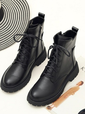 cinderella 仙杜瑞拉2024秋冬新款馬丁靴女平底短靴軟皮系帶英倫風復古百搭中跟女靴子