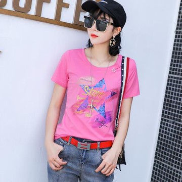 短袖t恤女夏季2025新款女士修身圓領高級感字母刺繡玫紅色上衣夏