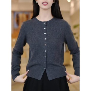 灰色單排扣圓領長袖針織衫女2025秋休閑百搭開衫大碼胖MM外套潮dm