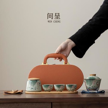手繪旅行茶具套裝便攜式一壺三杯蓋碗家用功夫茶具戶外露營泡茶